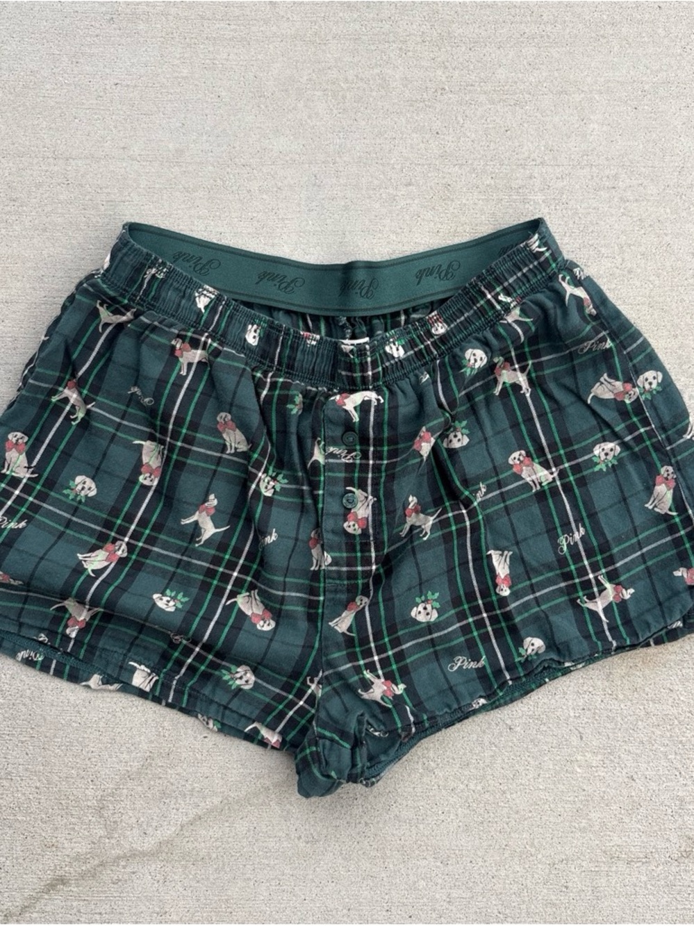 PINK Victoria's Secret Dark Green Plaid Dog-Print Shorts